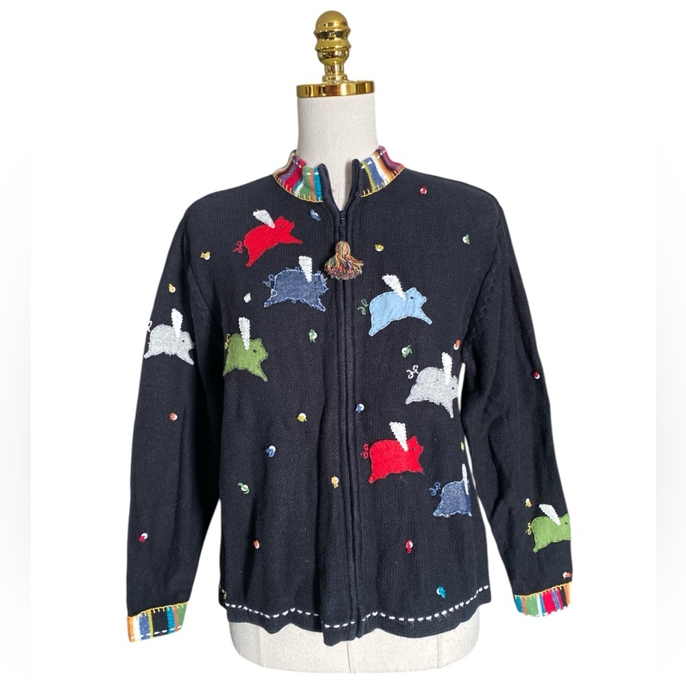 Susan Bristol "When Pigs Fly" Vintage Black Embroidered Full-Zip Cardigan Large